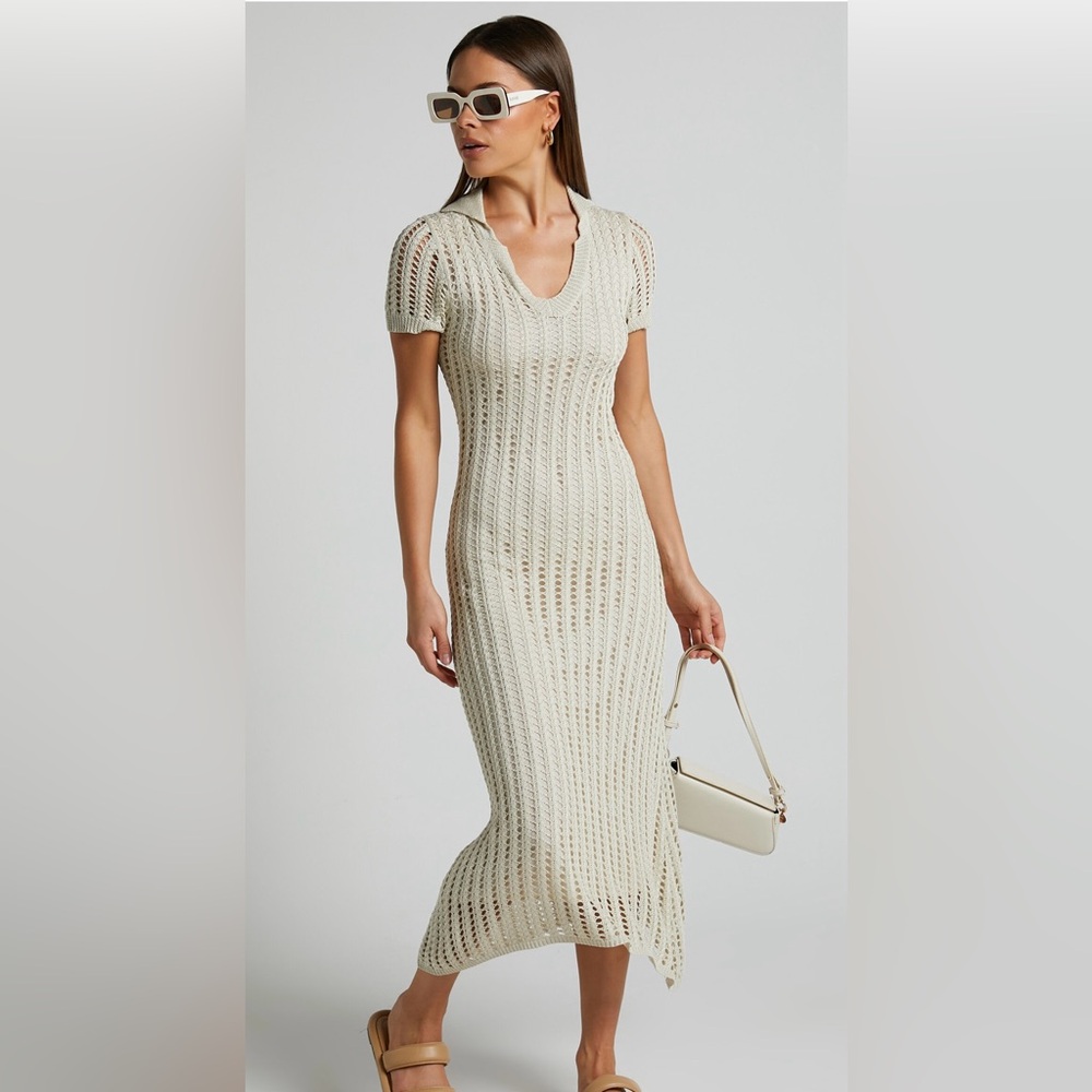 Showpo Midi Dress- Crochet Collared Short Sleeve Dress